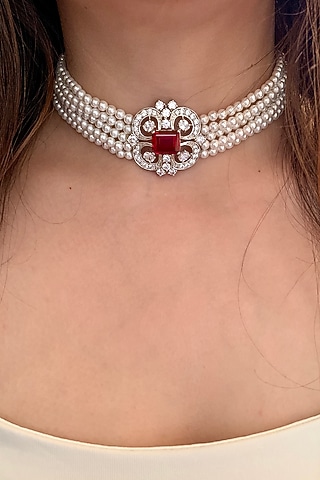 White Finish Zirconia & Pearls Necklace In Sterling Silver by Tres Zuri