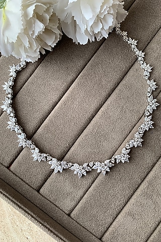 White Finish Round Zirconia Necklace In Sterling Silver by Tres Zuri