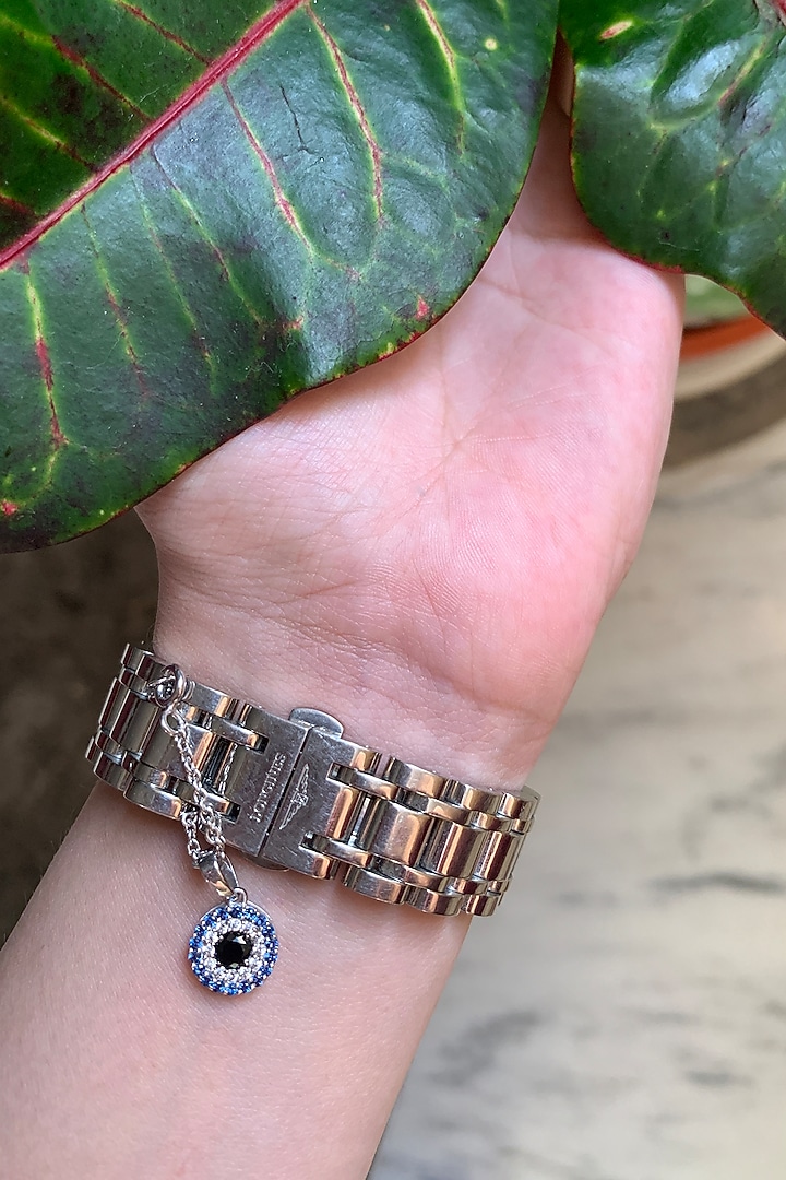 White Finish Evil Eye Watch Charm With Chain In Sterling Silver by Tres Zuri at Pernia's Pop Up Shop