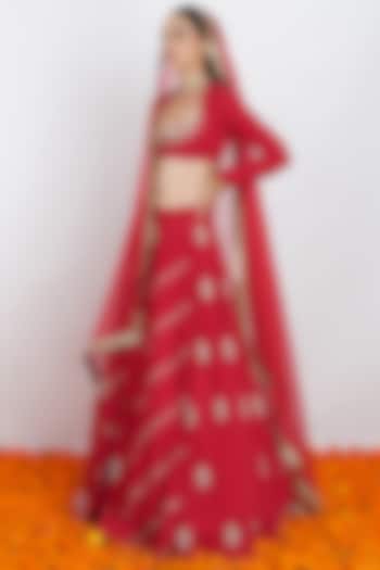Red Hand Embroidered Lehenga Set by Rashi Jain