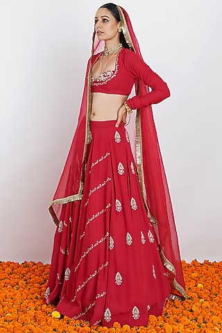 Red Hand Embroidered Lehenga Set by Rashi Jain