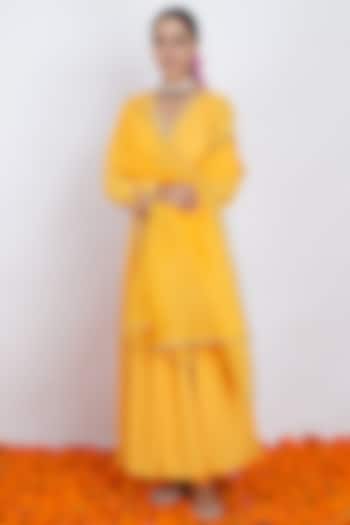 Yellow Hand & Machine Embroidered Anarkali Set by Rashi Jain