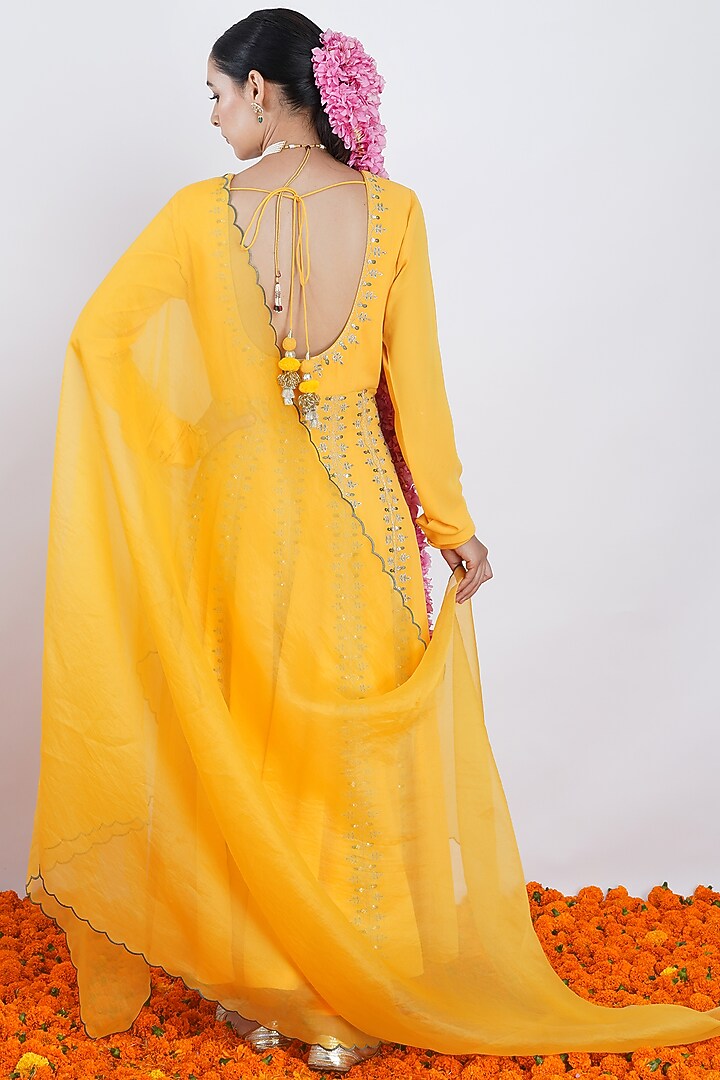 Yellow Hand & Machine Embroidered Wedding Anarkali Set by Rashi Jain at Pernia's Pop Up Shop