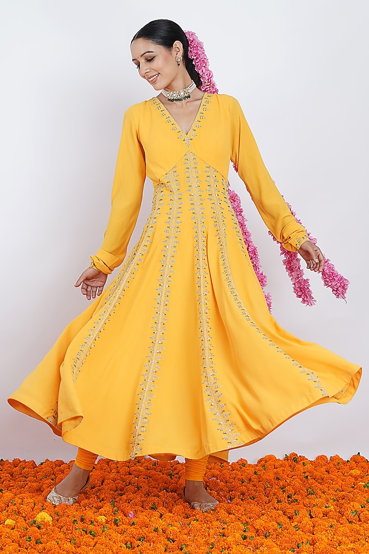 Yellow Hand & Machine Embroidered Wedding Anarkali Set by Rashi Jain at Pernia's Pop Up Shop