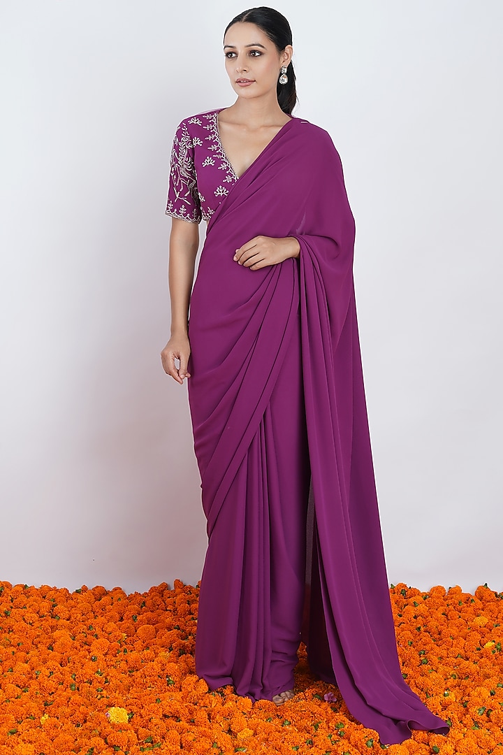 Purple Hand & Machine Embroidered Pre-Draped Saree Set by Rashi Jain