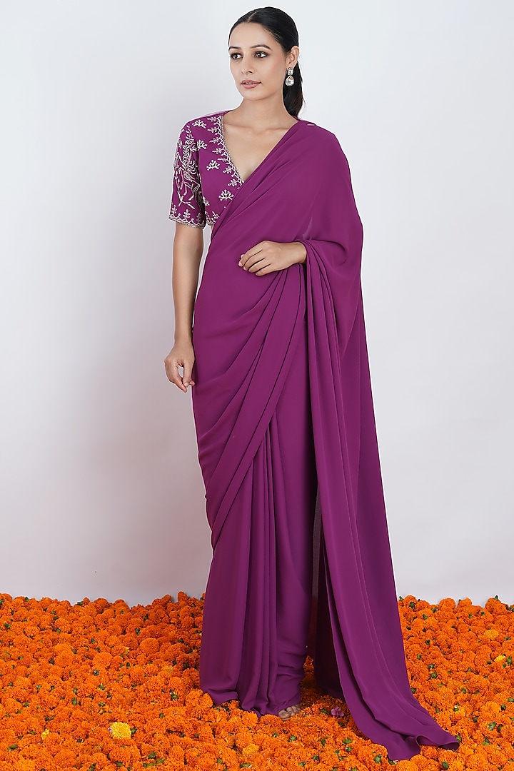 Purple Hand & Machine Embroidered Pre-Draped Saree Set by Rashi Jain at Pernia's Pop Up Shop