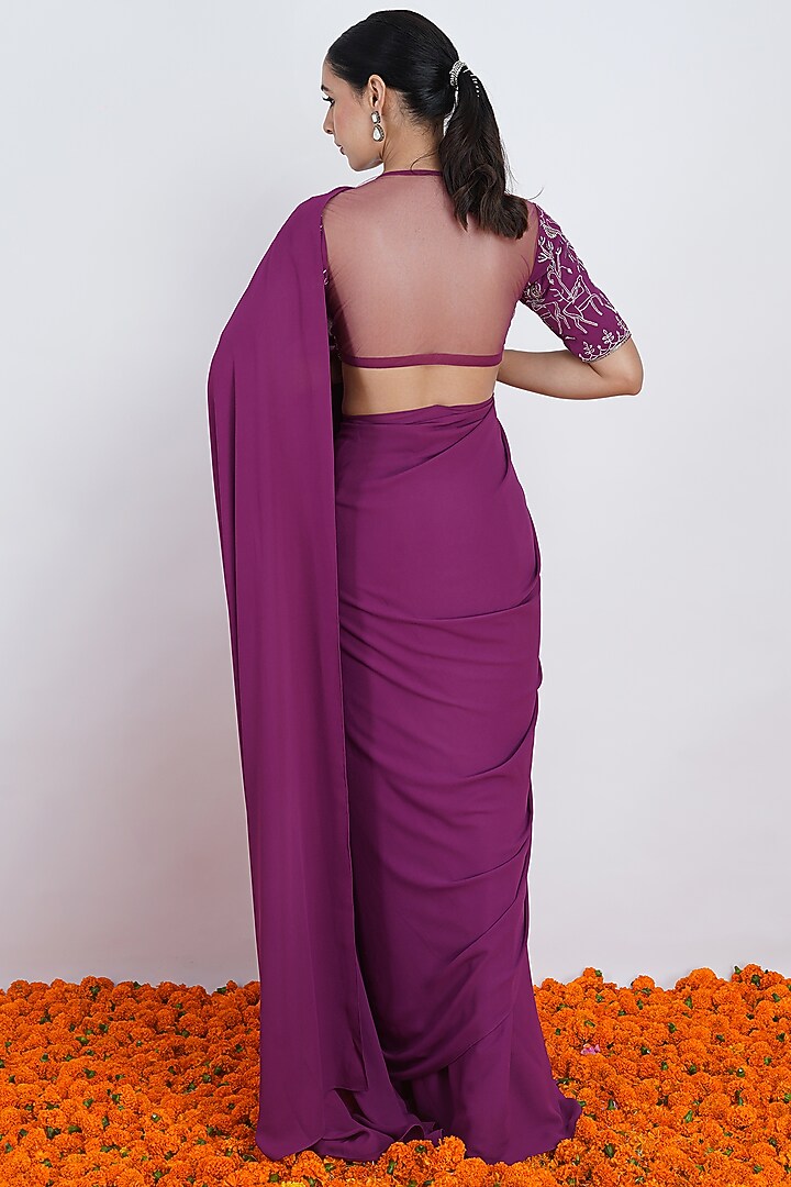Purple Hand & Machine Embroidered Pre-Draped Party Wear Saree Set by Rashi Jain at Pernia's Pop Up Shop