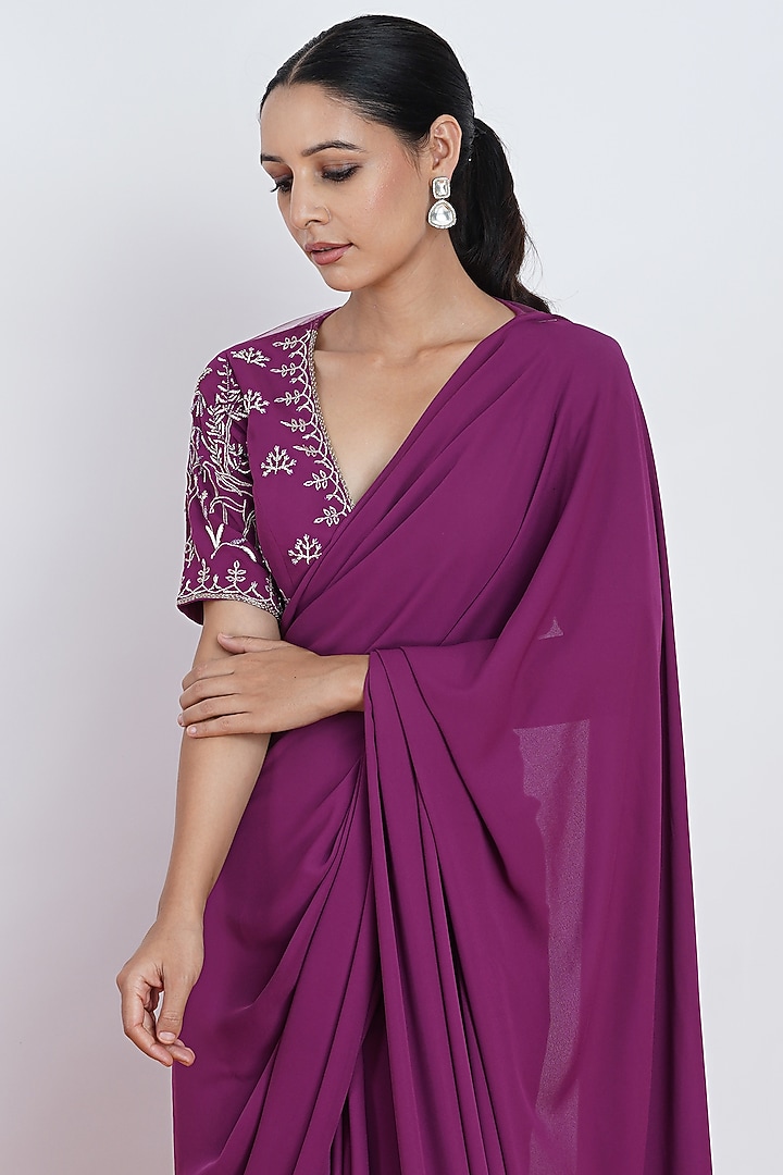 Purple Hand & Machine Embroidered Pre-Draped Party Wear Saree Set by Rashi Jain at Pernia's Pop Up Shop