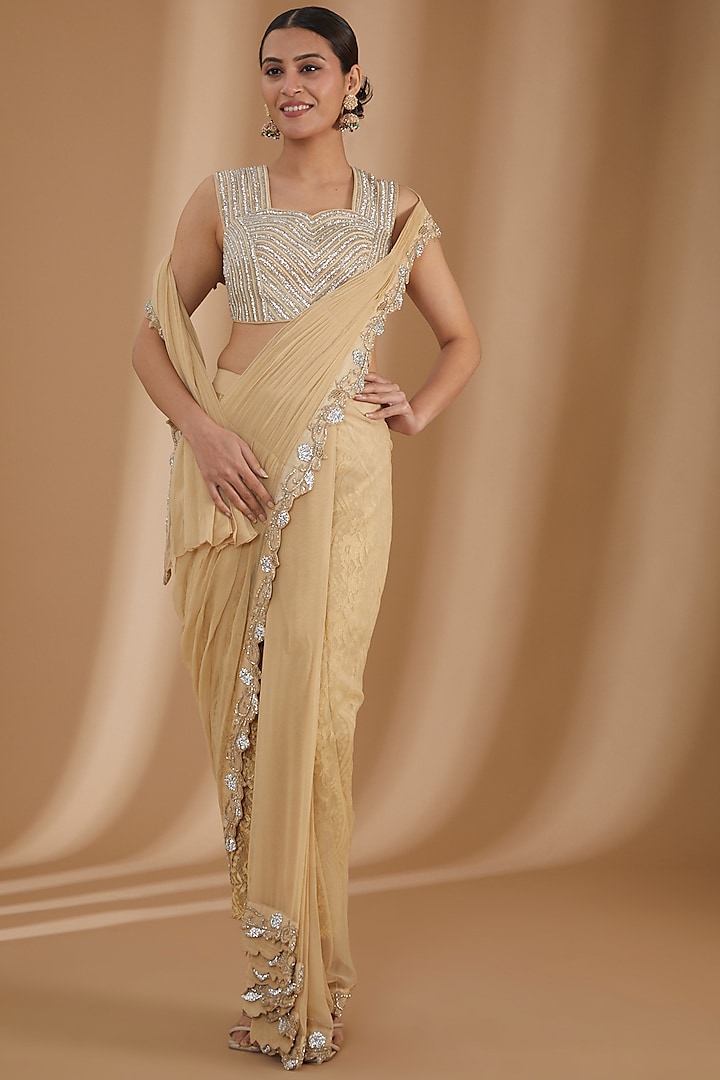 Beige Uppada Silk & Chiffon Lace Embroidered Pant Saree Set
 by Rashi Kapoor