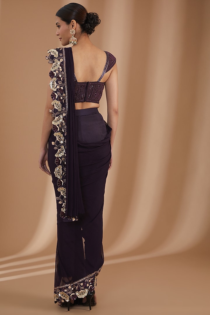 Deep Purple Uppada Silk & Georgette Embroidered Pant Saree Set by Rashi Kapoor at Pernia's Pop Up Shop