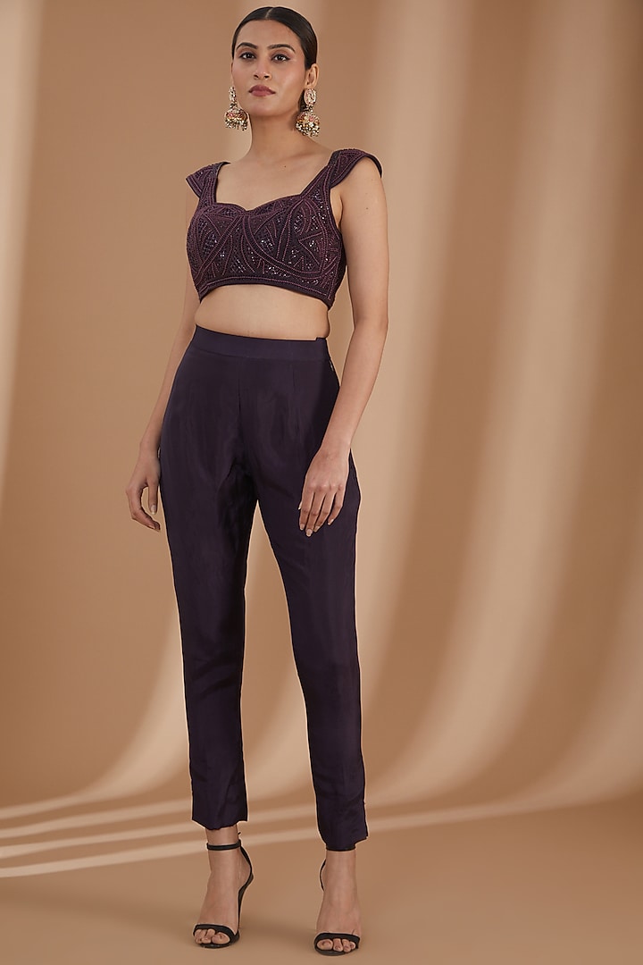 Deep Purple Uppada Silk & Georgette Embroidered Pant Saree Set by Rashi Kapoor at Pernia's Pop Up Shop