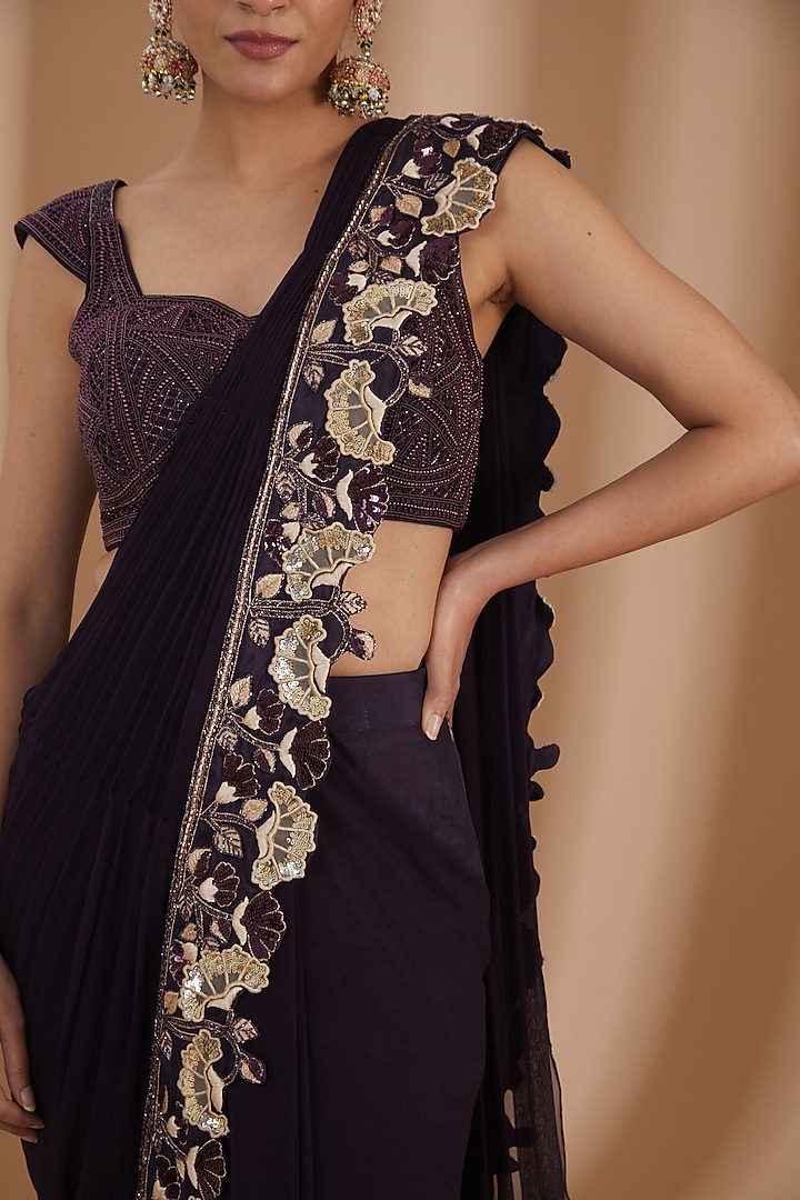 Deep Purple Uppada Silk & Georgette Embroidered Pant Saree Set by Rashi Kapoor at Pernia's Pop Up Shop