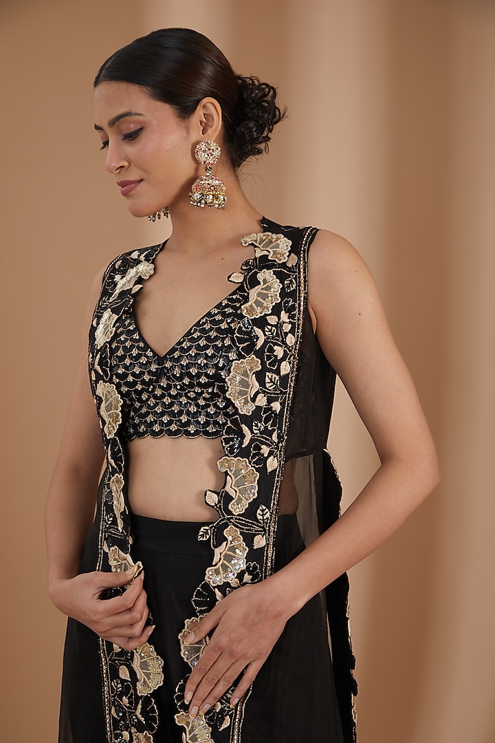Black Uppada Silk & Organza Bridal Sharara Set by Rashi Kapoor at Pernia's Pop Up Shop