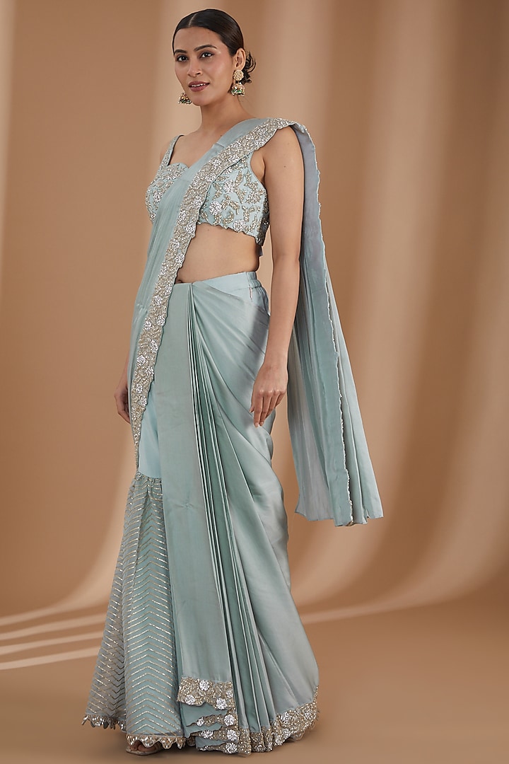 Ash Blue Uppada Silk & Silk Satin Embroidered Sharara Pant Saree Set
 by Rashi Kapoor