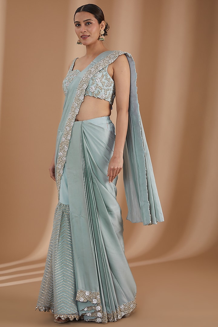Ash Blue Uppada Silk & Silk Satin Sharara Saree Set by Rashi Kapoor