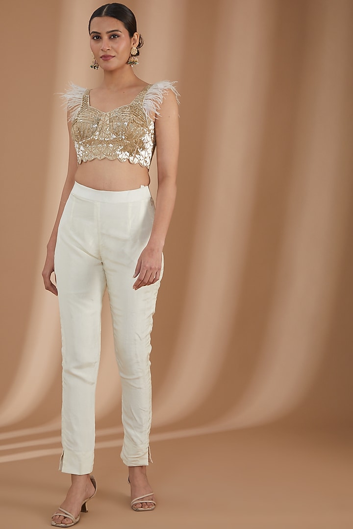 Ivory Uppada & Silk Satin Embroidered Pant Saree Set by Rashi Kapoor at Pernia's Pop Up Shop
