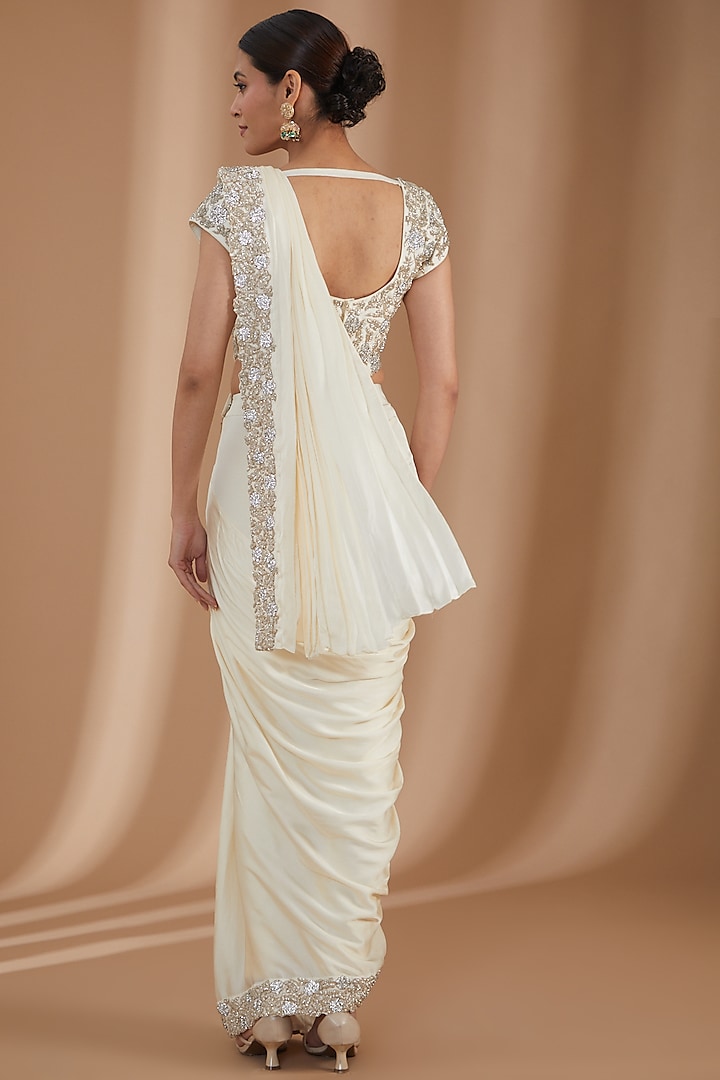 Ivory Uppada & Silk Satin Embroidered Pant Reception Saree Set by Rashi Kapoor at Pernia's Pop Up Shop