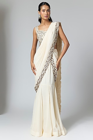 Ivory Georgette Embellished Skirt Saree Set by Rashi Kapoor
