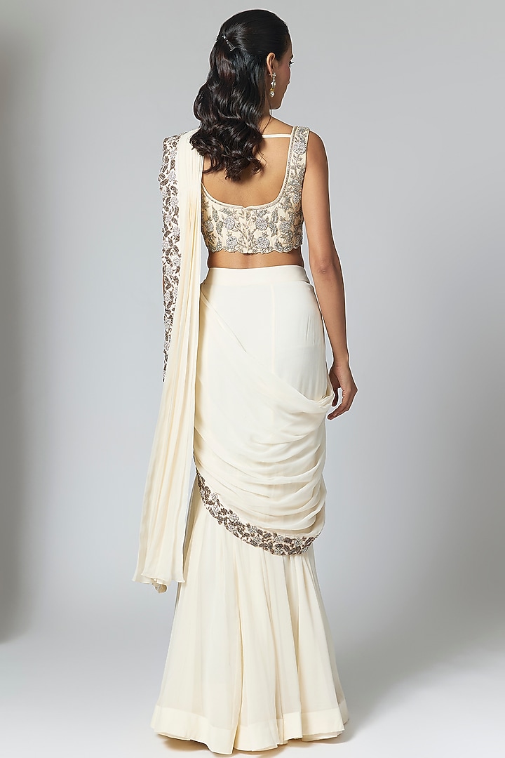 Ivory Georgette Embellished Skirt Reception Saree Set by Rashi Kapoor at Pernia's Pop Up Shop