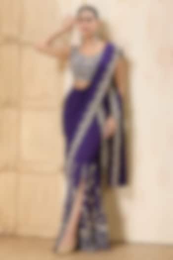 Purple Georgette Embroidered Draped Reception Saree Set by Rashi Kapoor at Pernia's Pop Up Shop