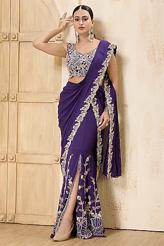 Purple Georgette Embroidered Draped Saree Set by Rashi Kapoor