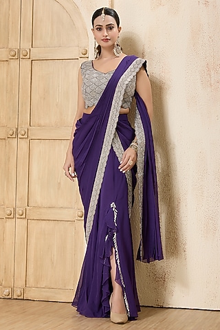 Purple Georgette Embroidered Draped Saree Set by Rashi Kapoor