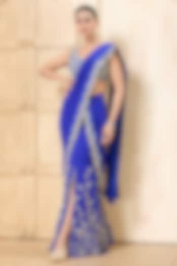 Royal Blue Georgette Embroidered Draped Reception Saree Set by Rashi Kapoor at Pernia's Pop Up Shop