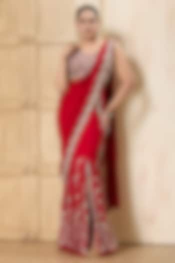 Red Georgette Embroidered Draped Reception Saree Set by Rashi Kapoor at Pernia's Pop Up Shop