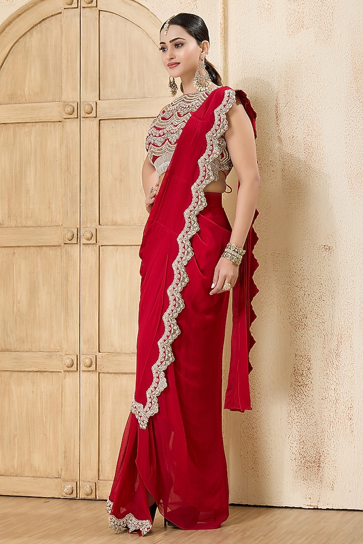 Red Georgette Embroidered Draped Reception Saree Set by Rashi Kapoor at Pernia's Pop Up Shop