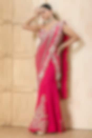 Hot Pink Georgette Embroidered Draped Reception Saree Set by Rashi Kapoor at Pernia's Pop Up Shop