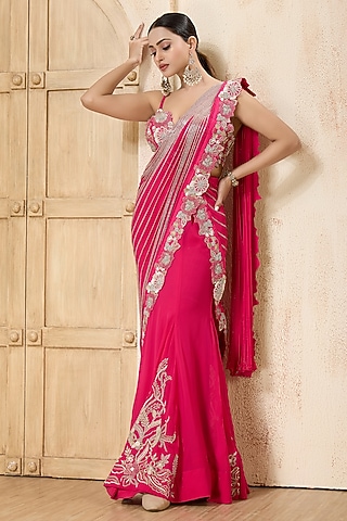 Hot Pink Georgette Embroidered Draped Saree Set by Rashi Kapoor