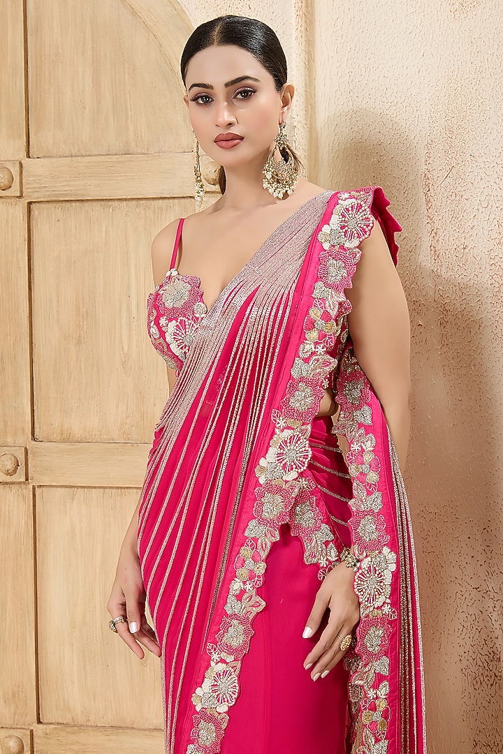 Hot Pink Georgette Embroidered Draped Reception Saree Set by Rashi Kapoor at Pernia's Pop Up Shop
