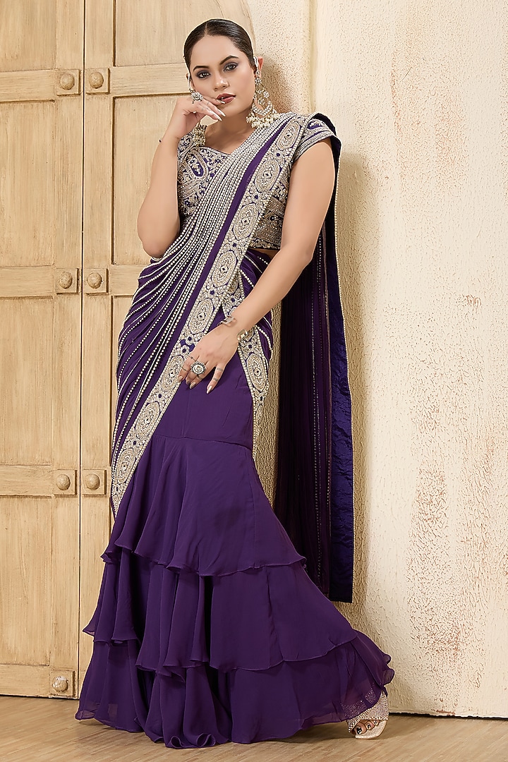 Purple Georgette Embroidered Draped Reception Saree Set by Rashi Kapoor at Pernia's Pop Up Shop