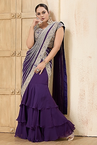 Purple Georgette Embroidered Draped Saree Set by Rashi Kapoor