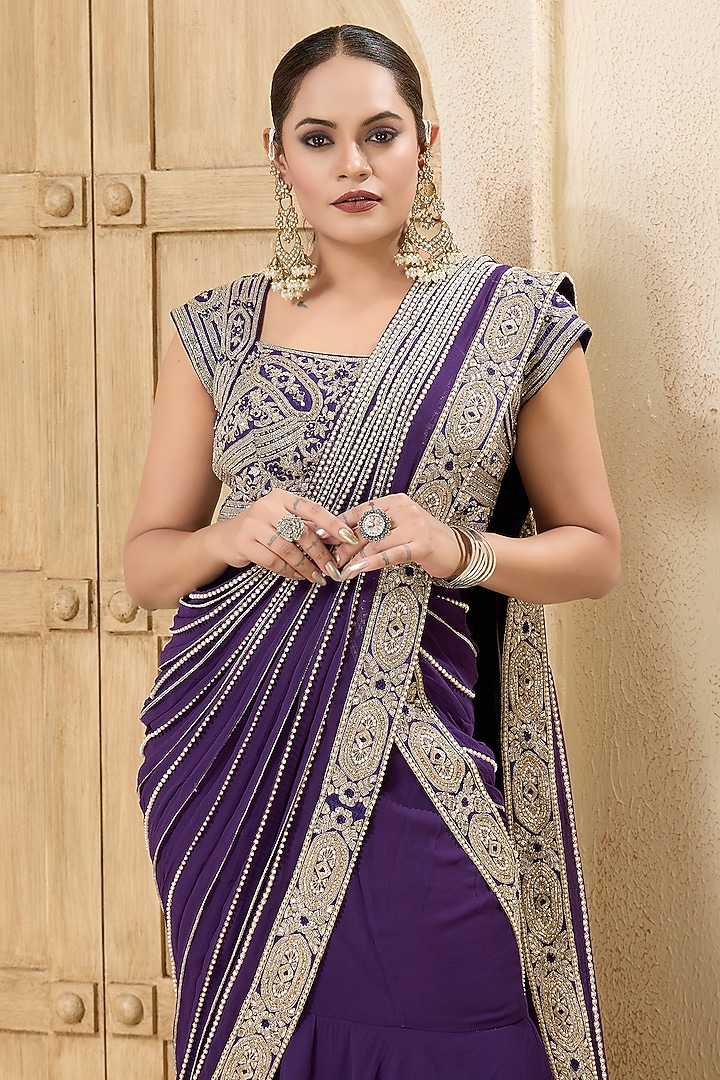 Purple Georgette Embroidered Draped Reception Saree Set by Rashi Kapoor at Pernia's Pop Up Shop
