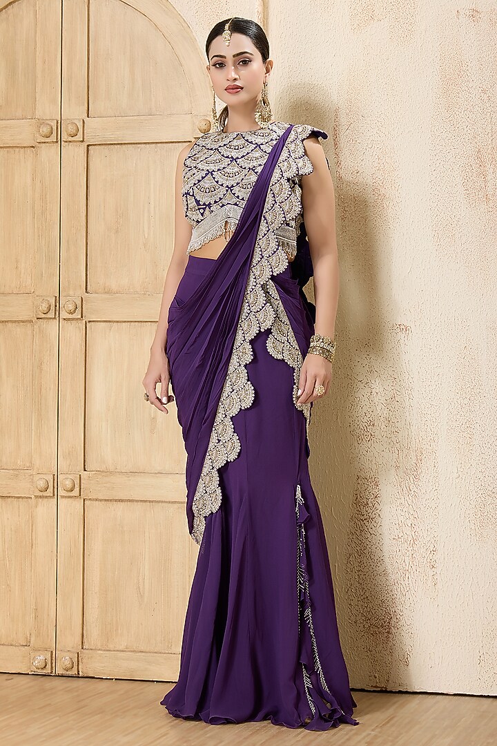 Purple Georgette Embroidered Draped Reception Saree Set by Rashi Kapoor at Pernia's Pop Up Shop