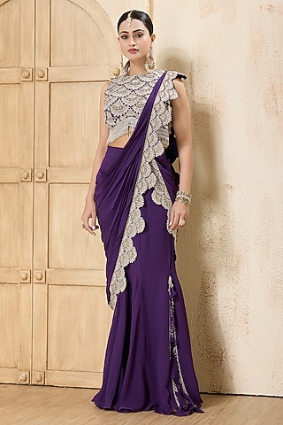 Purple Georgette Embroidered Draped Saree Set by Rashi Kapoor
