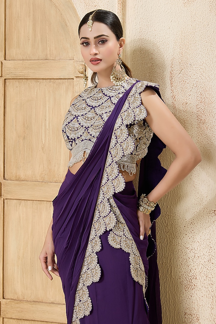 Purple Georgette Embroidered Draped Reception Saree Set by Rashi Kapoor at Pernia's Pop Up Shop