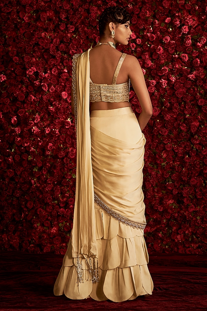 Taupe Silk Satin Layered Skirt Reception Saree Set by Rashi Kapoor at Pernia's Pop Up Shop