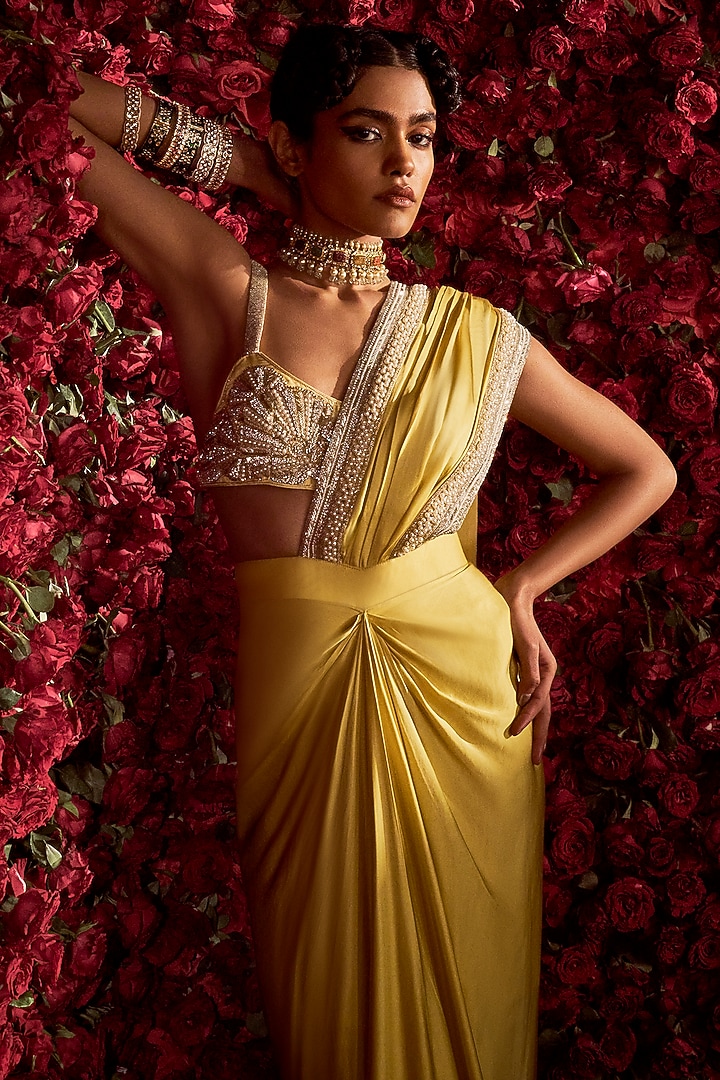 Soft Yellow Silk Satin Draped Skirt Reception Saree Set by Rashi Kapoor at Pernia's Pop Up Shop