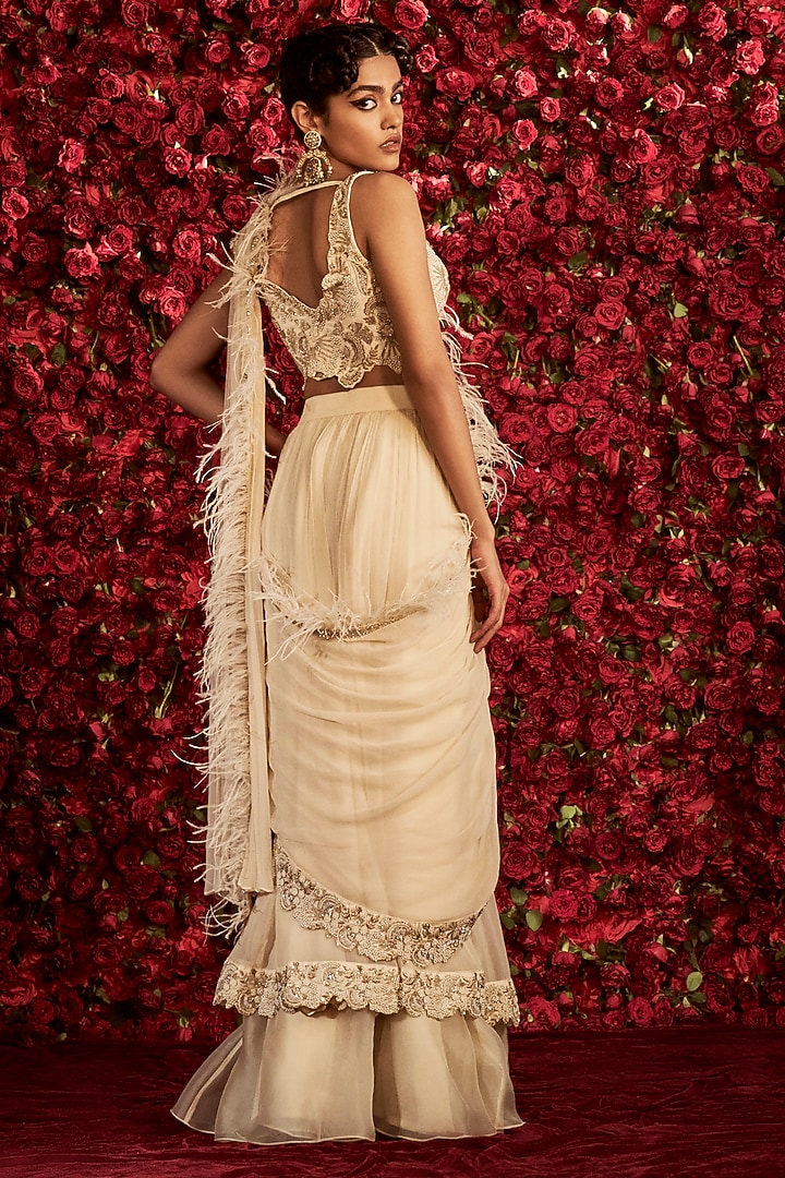 Ivory Chiffon & Organza Layered Skirt Reception Saree Set by Rashi Kapoor at Pernia's Pop Up Shop