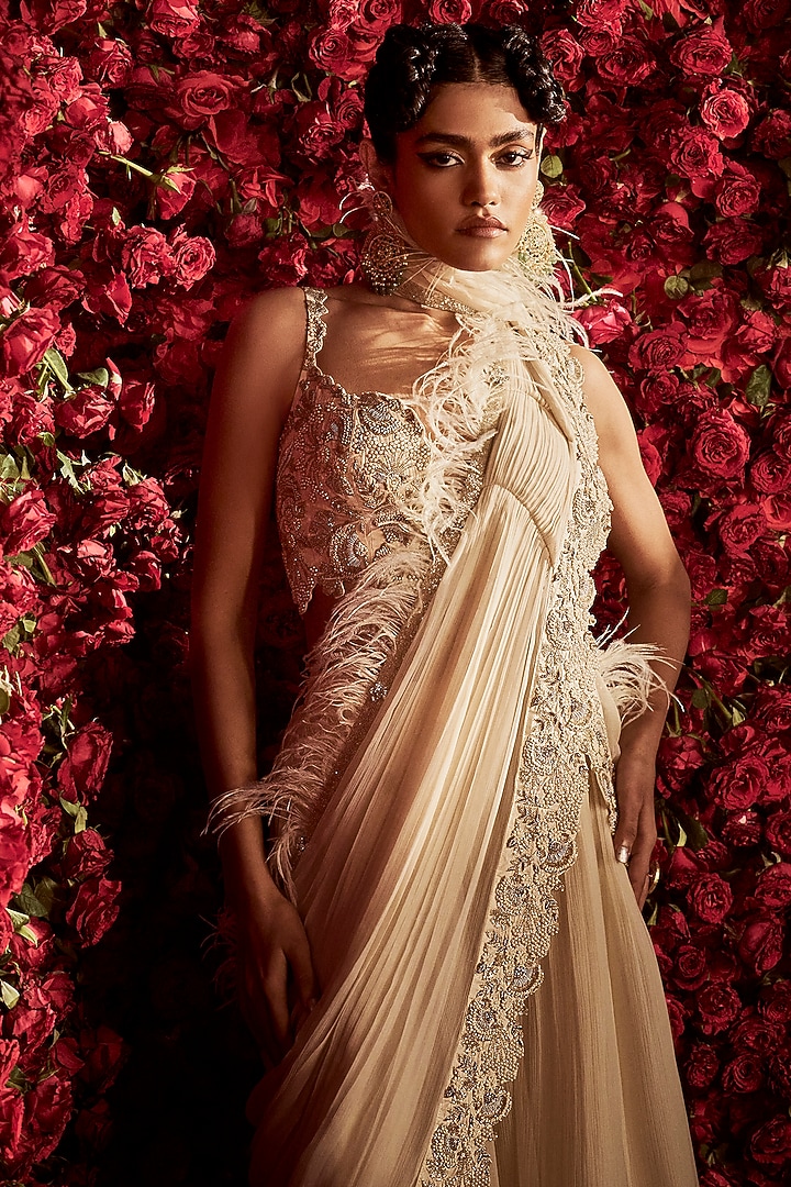 Ivory Chiffon & Organza Layered Skirt Reception Saree Set by Rashi Kapoor at Pernia's Pop Up Shop