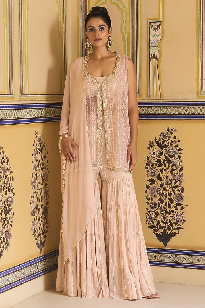 Pink Chiffon Pearl Embellished Bridal Sharara Set by Rashi Kapoor at Pernia's Pop Up Shop