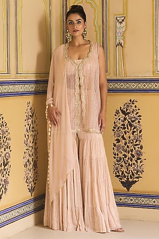 Pink Chiffon Pearl Embellished Sharara Set by Rashi Kapoor