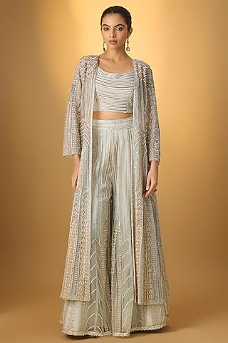 Ash Blue Tulle Embroidered Sharara Set by Rashi Kapoor