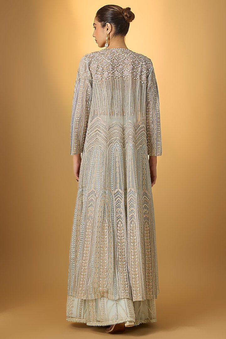 Ash Blue Tulle Embroidered Bridal Sharara Set by Rashi Kapoor at Pernia's Pop Up Shop