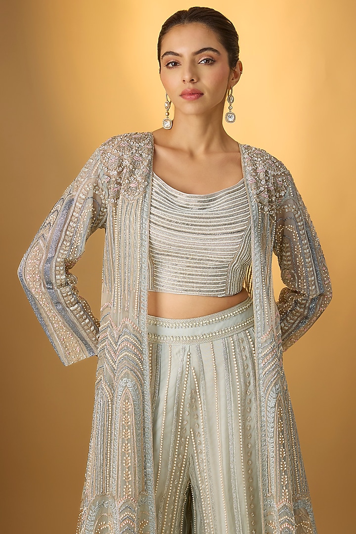 Ash Blue Tulle Embroidered Bridal Sharara Set by Rashi Kapoor at Pernia's Pop Up Shop