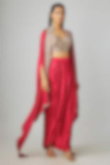 Red Silk Satin Draped Skirt Set by Rashi Kapoor at Pernia's Pop Up Shop