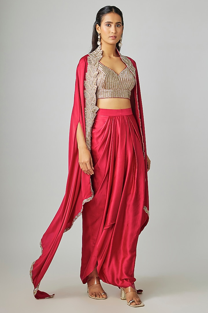 Red Silk Satin Draped Skirt Set by Rashi Kapoor at Pernia's Pop Up Shop
