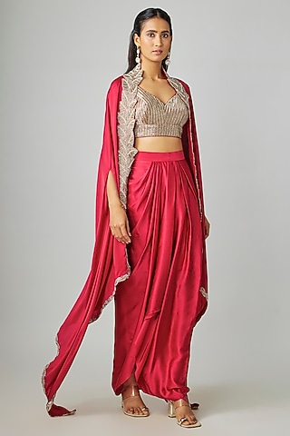 Red Silk Satin Draped Skirt Set by Rashi Kapoor